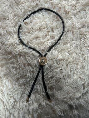 3/$20 Mens Black Leather Bolo Tie with Gold Accent for bowling or juggling